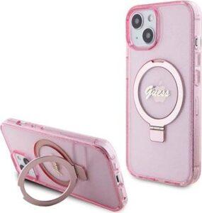 Guess IML Ring Stand Glitter MagSafe Zadný Kryt na iPhone 15 Pro Max Pink
